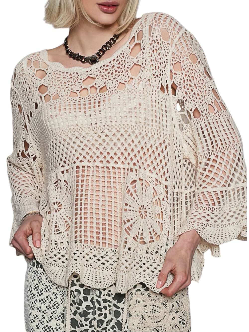 152. Women’s POL Boho Crochet Open-Knit Cream Pullover Sweater